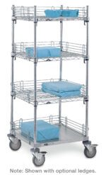 The Metro CASE-OH24 Stainless Steel Open Case Cart, 24 x 24 x 60, features four-tier shelves on wheels and sturdy shelves that hold blue packages, secured by optional side ledges. Note: Shown with optional ledges.