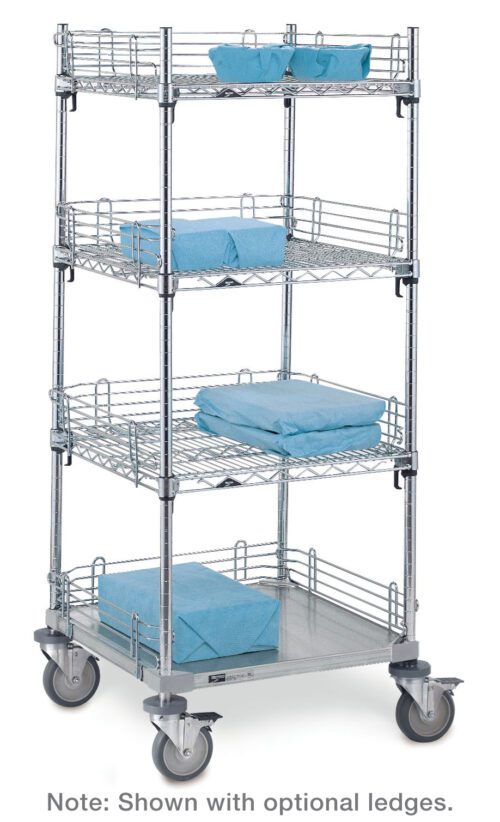 The Metro CASE-OH24 Stainless Steel Open Case Cart, 24 x 24 x 60, features four-tier shelves on wheels and sturdy shelves that hold blue packages, secured by optional side ledges. Note: Shown with optional ledges.
