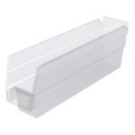 The Metro MB30110CLN Nesting Shelf Bin is a clear rectangular plastic storage solution (11.6 x 2.75 x 4) with an open top, back edge lip for hanging, and transparent design for easy content visibility.