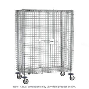 The Metro SEC63EC Super Erecta Mobile Security Shelving Unit in Chrome measures 33.5 x 40.75 x 67.9375, features a wire storage cage with a hinged door, latch for security, and four swivel caster wheels. Dimensions may vary from the product shown.