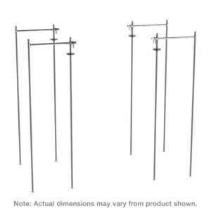Three metal piping structures, each with a horizontal bar connecting two vertical poles, resemble the Metro TTE18K4 Top-Track Stationary End Unit Kit for 18 Wide Super Erecta Wire Shelving in Metroseal Gray Epoxy. A small circular component is attached to the bar. Note: Dimensions may vary.