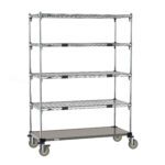 The Metro ECM45XA cart features a stainless steel bottom shelf and four adjustable shelves on casters, ideal for versatile storage and mobility in warehouses or homes. Dimensions: 21 x 48.