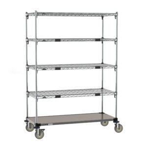 The Metro ECM45XA cart features a stainless steel bottom shelf and four adjustable shelves on casters, ideal for versatile storage and mobility in warehouses or homes. Dimensions: 21 x 48.