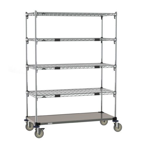 The Metro ECM45XA cart features a stainless steel bottom shelf and four adjustable shelves on casters, ideal for versatile storage and mobility in warehouses or homes. Dimensions: 21 x 48.