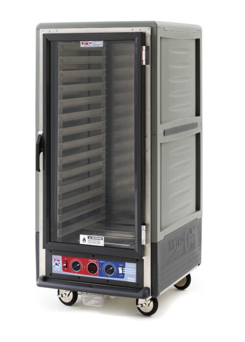 g0mgwjwdo4ecw7lveybnnwo807suajak.jpg The Metro C537-CFC-L-GY C5 3 Series gray insulated holding/proofing cabinet features a full-length clear door with multiple shelves, control knobs and displays on its lower section, and lip load aluminum slides for easy access.