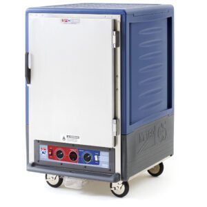 The Metro C535-CLFS-U-BUA C5 3 Series is a blue, 1/2 height insulated holding/proofing cabinet with universal wire slides, a full-length solid door, and a base control panel. Its efficient at maintaining food temperature; operates at 120V, 60Hz, and 1440W with wheels for mobility.