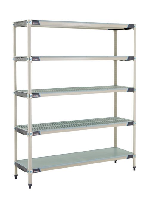 The MetroMax i 5X367HX3 5-Shelf Plastic Industrial Shelving Starter Unit with Solid Bottom Shelf, sized at 18 x 60 x 74, features an industrial design with five adjustable shelves offering a sleek silver finish and open grid style for versatile organizational needs.