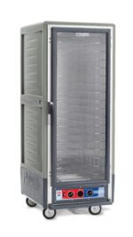 The Metro C539-MXFC-4-GY is a tall gray insulated heated cabinet on wheels, featuring a full-length clear door and fixed wire slides. It includes a control panel for operation at 220-240V and 1681-2000W, ensuring efficient temperature management.