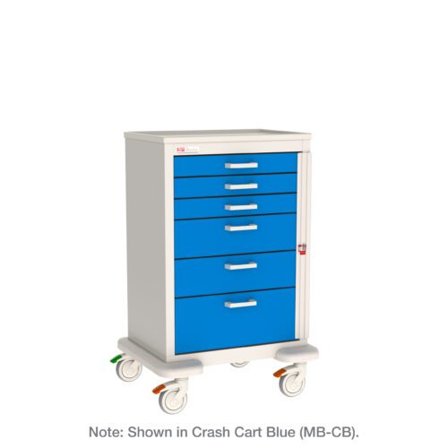 The Metro MBX3210TB Basix Medical Cart, labeled MB-CB, has a white frame and six blue drawers. It features a sleek design with wheels for easy mobility and sturdy handles for secure access to medical supplies.
