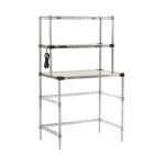 The Metro EZHS36W-KIT Super Erecta Hot Workstation features a 24 x 36 x 64 size, a white tabletop, two metal wire shelves, adjustable legs, and a stainless steel heated shelf powered by a 400W element with an attached electrical cord.