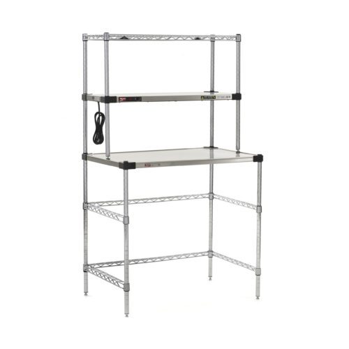 The Metro EZHS36W-KIT Super Erecta Hot Workstation features a 24 x 36 x 64 size, a white tabletop, two metal wire shelves, adjustable legs, and a stainless steel heated shelf powered by a 400W element with an attached electrical cord.