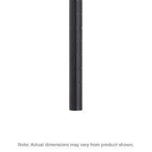 The black cylindrical, segmented item looks like a 63 H Metro 63UPBL Super Erecta Mobile-Ready Industrial Wire Shelving Post on a white background, with a note stating: Note: Actual dimensions may vary from product shown.