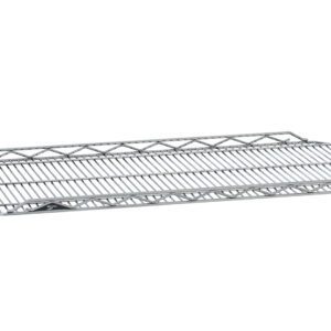 The Metro HDM1836QC Chrome Drop Mat Wire Shelf, featuring a grid pattern with raised edges and diagonal reinforcements, measures 18 x 36 for stable and versatile storage.