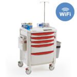 The Metro FLWIV Flexline Phlebotomy Cart features red drawers, a wireless touchpad, an IV pole, and multi-colored locks. It has wheels for easy mobility and a prominent blue WiFi symbol in the top right corner.