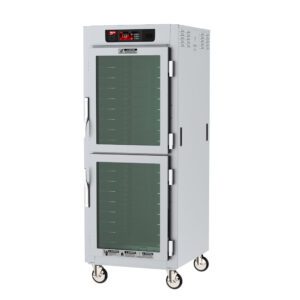 The Metro C589L-SDC-U C5 8 Series is a full-height, stainless steel holding cabinet with universal wire slides, clear Dutch doors, digital controls on the top panel, side vents. Its mounted on wheels and operates at 60Hz.
