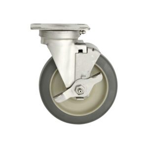 The Metro B5PBGSA 5 Polyurethane Swivel/Brake B-Plate Caster is designed for custom truck dollies, featuring a metal bracket and brake for smooth mobility. Its sleek gray and silver look enhances the design while showcasing its side view perfectly.