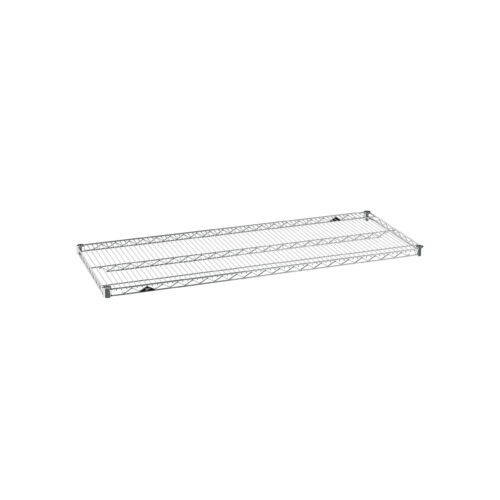 The Metro Super Erecta 2154NC Industrial Wire Shelf, Chrome, 21 x 54, features a grid pattern with supporting rods and has a sleek rectangular shape against a plain white background, making it ideal for storage.