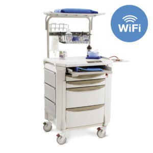The Metro FLWPROC2 Flexline Procedure Cart with Wireless Touchpad is a versatile mobile cart featuring shelves, drawers, a basket for medical supplies, wheels, and a handle. It ensures seamless connectivity on the go with its wireless touchpad indicated by the top right WiFi symbol.