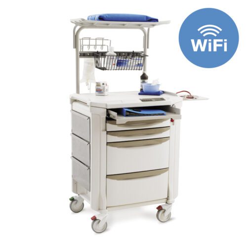 The Metro FLWPROC2 Flexline Procedure Cart with Wireless Touchpad is a versatile mobile cart featuring shelves, drawers, a basket for medical supplies, wheels, and a handle. It ensures seamless connectivity on the go with its wireless touchpad indicated by the top right WiFi symbol.