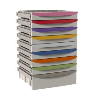 A stack of eleven drawers from the Metro FL-PED9 Flexline Pediatric Code Response Drawer Pull Color Kit includes vibrant handle colors: pink, red, purple, light blue, yellow, grey, dark blue, orange, green, and dark grey.