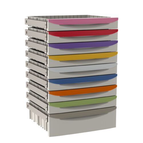 g8z2y7x8tejmwbry4nuq9w64ojop397c.jpg A stack of eleven drawers from the Metro FL-PED9 Flexline Pediatric Code Response Drawer Pull Color Kit includes vibrant handle colors: pink, red, purple, light blue, yellow, grey, dark blue, orange, green, and dark grey.