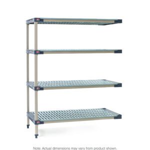The MetroMax 4 MF-184274G-A-4 shelving unit, with dimensions of 18 x 42 x 74, features a freestanding four-tier design and slatted shelves with black corner protectors. Note that actual dimensions may vary.