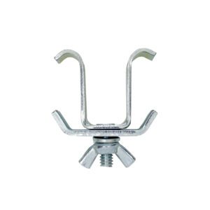 The Metro Q9995Z Intermediate S Hook Kit for MetroMax Q Industrial Plastic Shelving is a metal hanger with a U-shaped design featuring two top hooks, a threaded screw extending downward, and a wing nut near the bottom, making it ideal for securing pipes or cables.