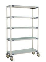 The MetroMax i 5X357EGX3 cart features five adjustable shelves, a solid bottom shelf, and four wheels for easy mobility. Its robust design measures 18 x 48 x 79.3125, making it ideal for versatile storage and organization needs while ensuring durability in any setting.