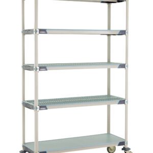 The MetroMax i 5X357EGX3 cart features five adjustable shelves, a solid bottom shelf, and four wheels for easy mobility. Its robust design measures 18 x 48 x 79.3125, making it ideal for versatile storage and organization needs while ensuring durability in any setting.