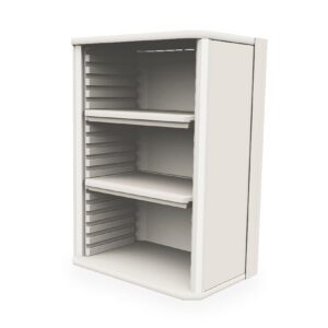The Metro SXRSOH27P2N Starsys Overhead Cabinet is a stylish, white unit with three adjustable shelves. Its sleek, minimalist design and smooth finish make it ideal for any space, elegantly complementing a plain background.