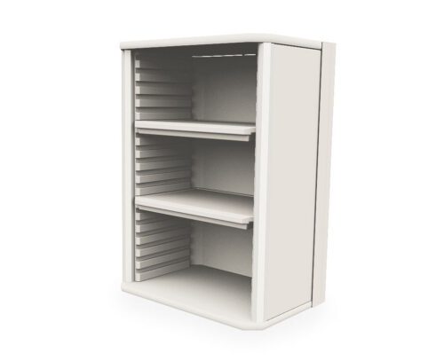 The Metro SXRSOH27P2N Starsys Overhead Cabinet is a stylish, white unit with three adjustable shelves. Its sleek, minimalist design and smooth finish make it ideal for any space, elegantly complementing a plain background.