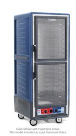 The Metro C539-MXDC-L-BU is a full-height heated holding/proofing cabinet in blue, featuring Dutch clear doors and lip load aluminum slides. It operates at 220-240V, 50/60Hz with 1681-2000W power and includes bottom control knobs for warming. Its construction blends durable plastic and metal materials.