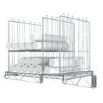 The Metro CR2430OHC Overhead Cup Storage Unit is a wall-mounted metal rack designed with a grid structure and side/back panels for secure, organized storage of two stacks of cylindrical white objects.