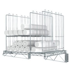 The Metro CR2430OHC Overhead Cup Storage Unit is a wall-mounted metal rack designed with a grid structure and side/back panels for secure, organized storage of two stacks of cylindrical white objects.