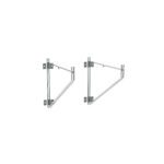 Two silver Metro 18WB1C Erecta Shelf Wall Mounts, mounted on a white wall, feature a triangular structure and are designed for an 18 wide wire shelf. Each has three screw holes for secure mounting.