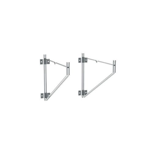 Two silver Metro 18WB1C Erecta Shelf Wall Mounts, mounted on a white wall, feature a triangular structure and are designed for an 18 wide wire shelf. Each has three screw holes for secure mounting.