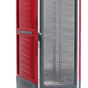 The Metro C539-CFC-UA C5 3 Series is a full-height red insulated holding/proofing cabinet with a clear door revealing empty shelves. It includes universal wire slides for easy adjustment and control knobs on the lower front panel, featuring wheels for mobility.