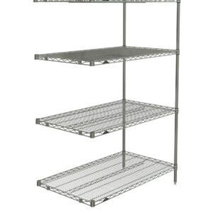 The Metro AN546BR Super Erecta Shelving Add-On Unit, in brite finish, measures 24 x 42 x 63, and offers four evenly spaced wire shelves on a freestanding, open-style metal frame ideal for utilitarian storage.