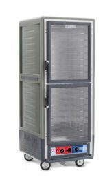 The Metro C539-MDC-4-GYA cabinet is a full-height, gray unit with Dutch clear doors, fixed wire slides, and wheels for mobility. It features a bottom control panel and operates efficiently at 120V, 60Hz, and 2000W.
