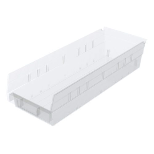 The Metro MB30138CLN Nesting Shelf Bin, measuring 17.8 x 6.6 x 4, is a clear storage solution with slightly angled sides and textured surface, featuring slots for labels or dividers on the front and sides for efficient organization and space-saving.