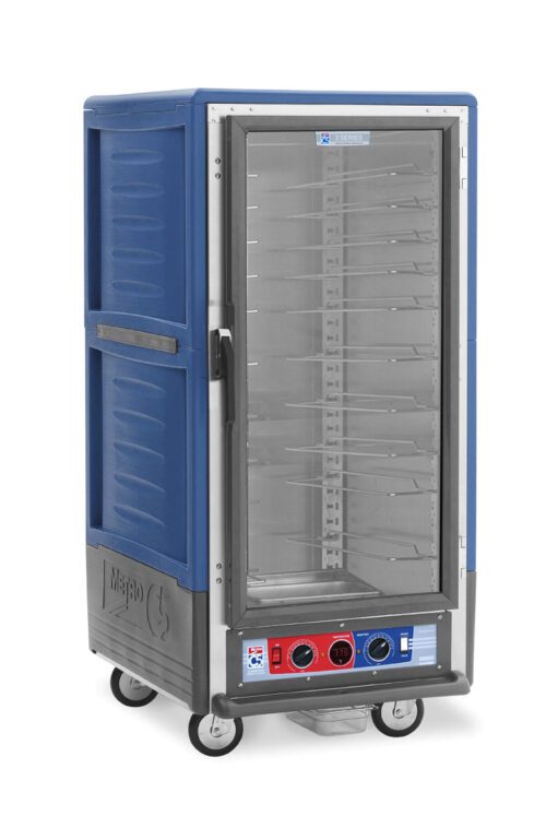 The Metro C537-CXFC-U-BUA is a 3/4 height blue insulated holding/proofing cabinet featuring a full-length clear door, on wheels with universal wire slides. It operates at 220-240V, 50/60Hz, and has red and blue knobs on the bottom control panel for storing trays.