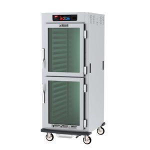 The Metro C599-SDC-LPDSA Full Height Pass-Thru Cabinet is a tall, silver bakery proofer with Dutch clear doors on casters. Featuring digital controls and Lip Load Aluminum Slides, this 2000W model operates at 60Hz, making it perfect for professional kitchens.