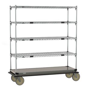 The Metro ECM46XS cart is a 21 x 60 metal shelving unit on wheels, featuring four wire racks, a stainless steel bottom shelf, and large sturdy wheels for easy mobility.