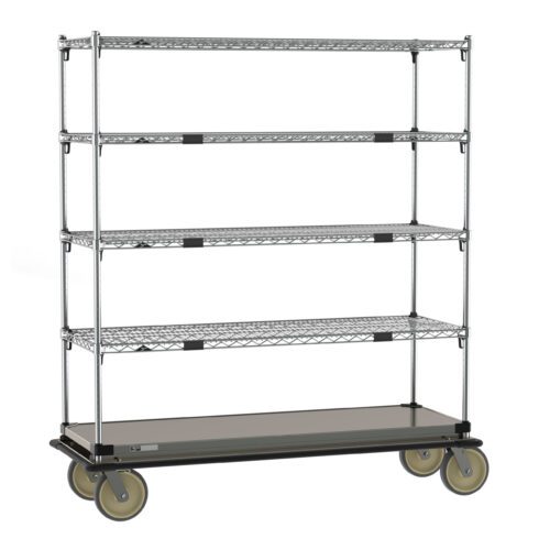 The Metro ECM46XS cart is a 21 x 60 metal shelving unit on wheels, featuring four wire racks, a stainless steel bottom shelf, and large sturdy wheels for easy mobility.