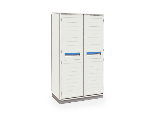 gjdx02qti89cyubhhqkvnmvp15ovoh5r.jpg The Metro SXRD72TU5 Starsys Stationary Supply Cabinet has white, closed double doors with blue rectangular handles and horizontal lines. It stands on a gray base, elegantly complementing any setting against a plain white background.