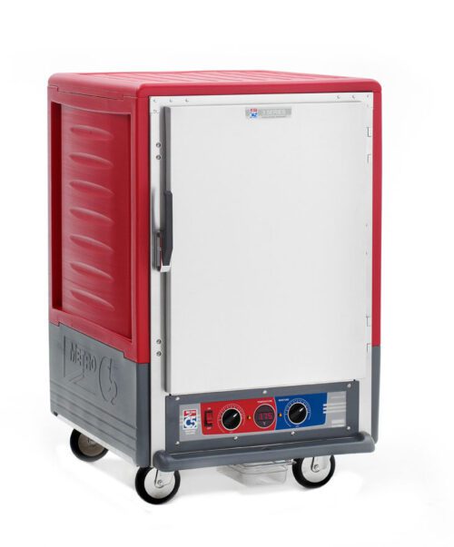 The Metro C535-MXFS-UA C5 3 Series cabinet is a red, insulated moisture heated holding/proofing unit on wheels with a full-length solid door, spacious front access, and control dials at the bottom. It operates efficiently at 220-240V with universal wire slides.