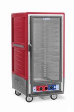 The Metro C537-CXFC-UA C5 3 Series is a red insulated holding/proofing cabinet with a full-length clear door, universal wire slides, and control panel, efficiently running on 220-240V.