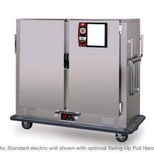 The Metro MBQ-150DX-QH Banquet Cabinet, with a Quad-Heat Thermal System and 1650W power, is a stainless steel transport cart with dual front doors, side handles, a right-door control panel, and an optional swing-up pull handle. Its designed for electric use at 220V, 50/60Hz.
