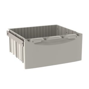 The Metro FL109 Flexline 9 Drawer is a modern, light gray plastic storage solution with a smooth front panel, grooved sides, and a slightly elevated handle for convenience. Its sleek design is enhanced by the plain white background.