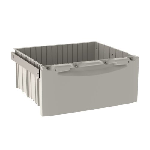 The Metro FL109 Flexline 9 Drawer is a modern, light gray plastic storage solution with a smooth front panel, grooved sides, and a slightly elevated handle for convenience. Its sleek design is enhanced by the plain white background.